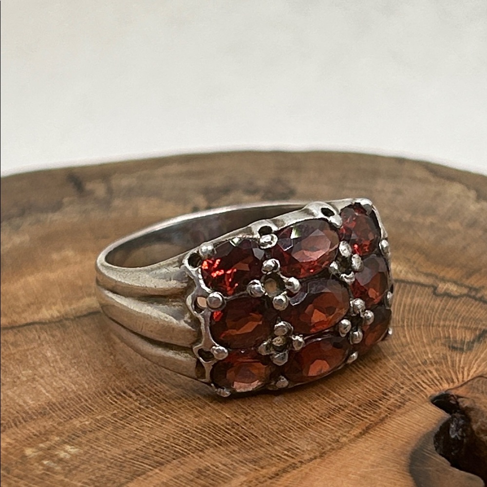 Vintage Garnet 925 Silver Gemstone Ring 9 stones Signed Chunky Red